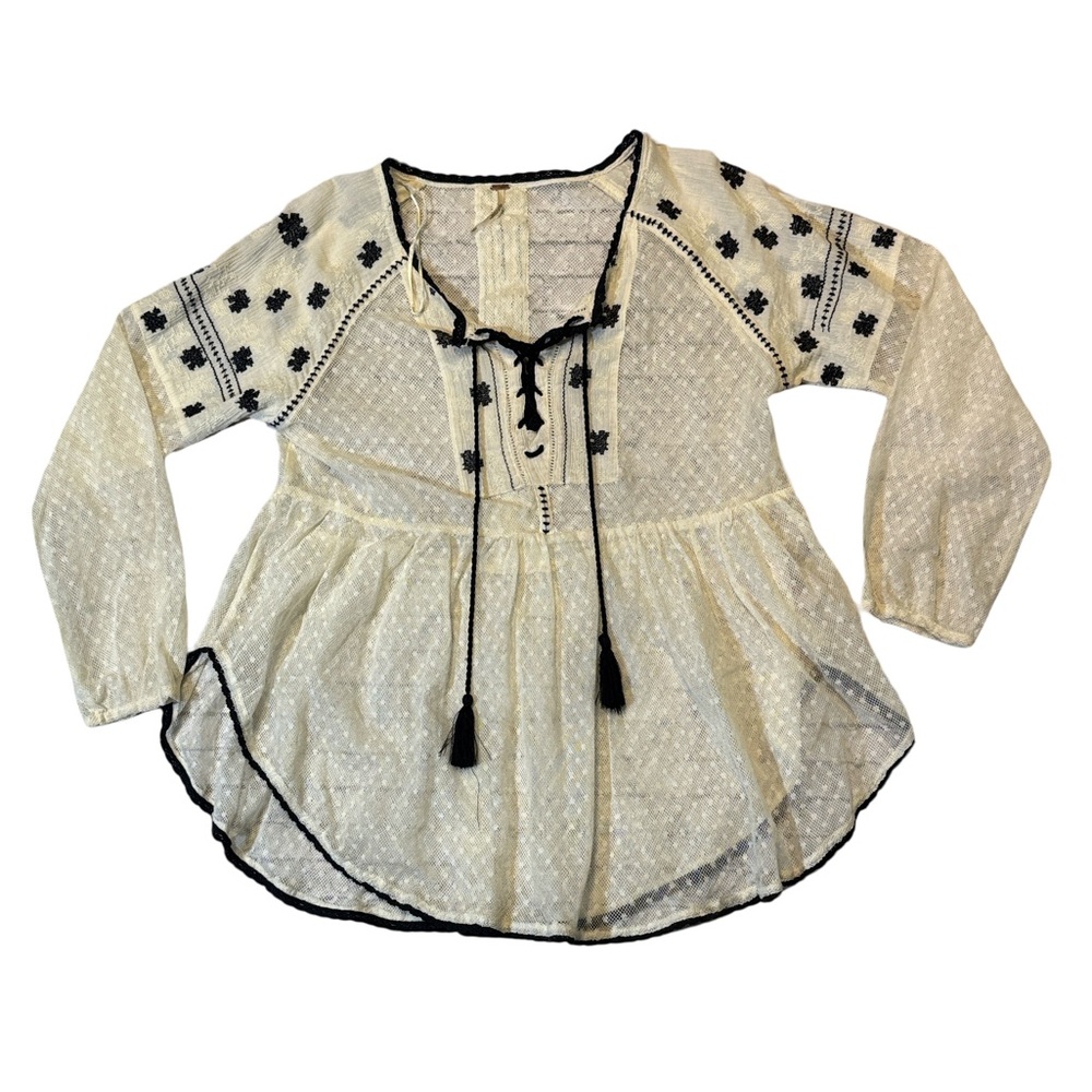 Free people womens S Small off white lace mesh peasant pullover top EuC